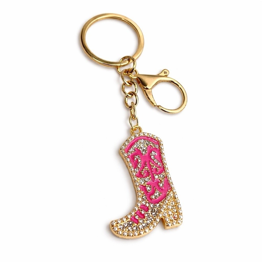 Western Cowgirl Pink Boot Gold Tone Keychain Purse Charm Rhinestone Metal Clip